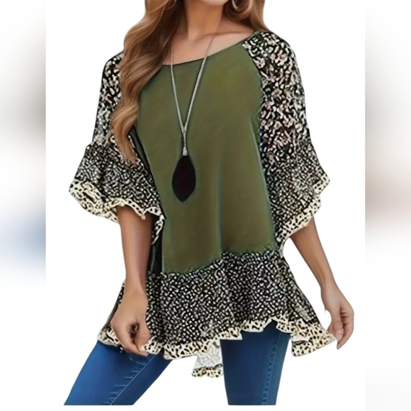 Shien Med Oversize top tunic solid green print sleeves and ruffle bottom - Picture 1 of 10